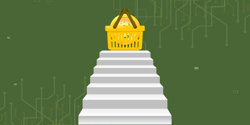 Basket with cryptocurrency for beginners coins on top of stairs, symbolizing steps to buy crypto