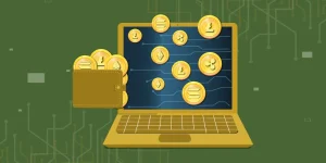 Illustration of a laptop screen filled with floating cryptocurrency coins such as Litecoin, Ripple, and Solana, with a digital wallet beside it, symbolizing crypto storage and transactions. Altcoin buy