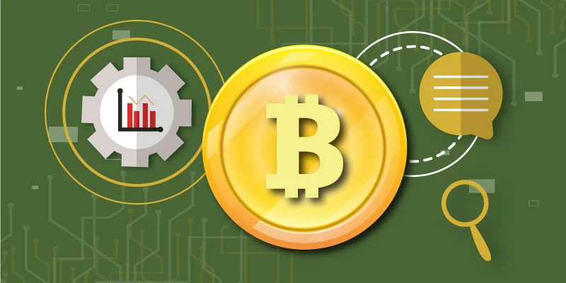 Illustration of what is Bitcoin symbol with a cogwheel, chart, speech bubble, and magnifying glass, representing Bitcoin fundamentals.