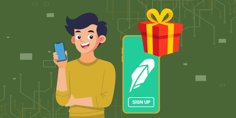 A happy user holding a smartphone, next to a Robinhood app sign-up screen with a gift box, representing the Robinhood sign-up bonus.
