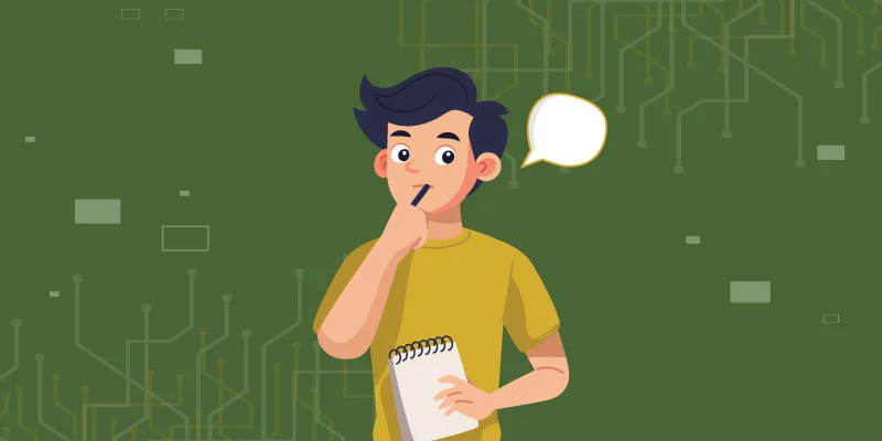 Illustration of a thoughtful user holding a notepad and pen, with a speech bubble symbolizing important sign-up tips.