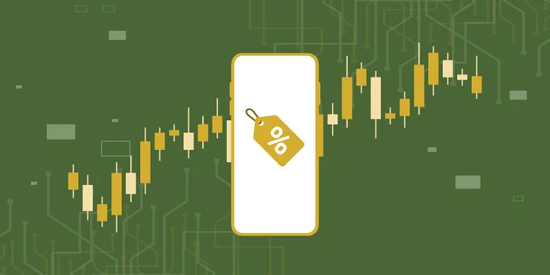 Illustration of a smartphone displaying a percentage discount tag, with candlestick charts in the background, symbolizing KuCoin's trading fee discounts.