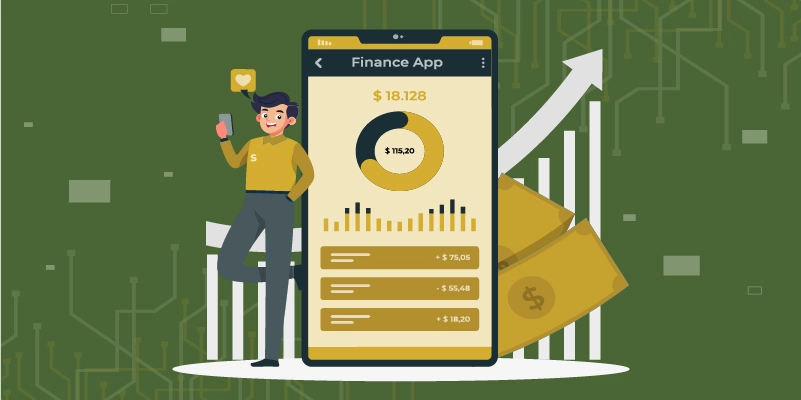 Illustration of a happy trader holding a smartphone, standing next to a large mobile screen displaying a finance app with charts, statistics, and a growing profit trend.