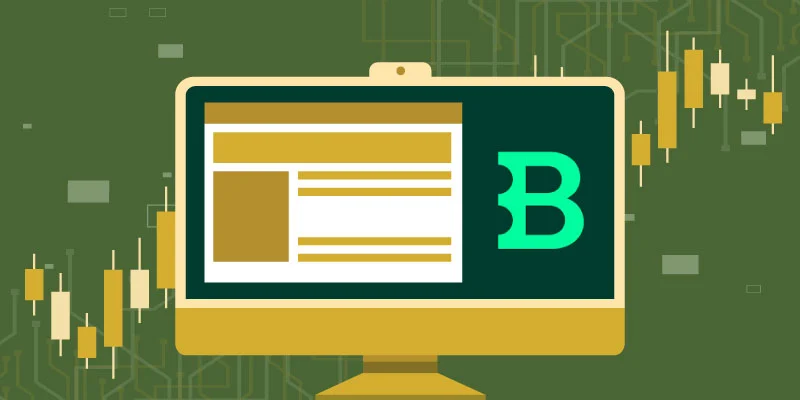 Illustration of a computer screen displaying the Bitstamp platform, alongside candlestick charts representing cryptocurrency trading.
