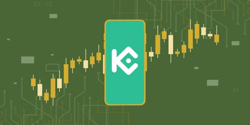 Illustration of a smartphone displaying the KuCoin logo, with candlestick charts in the background, symbolizing cryptocurrency trading on KuCoin.