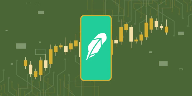 A digital illustration of the Robinhood app on a smartphone screen with a candlestick chart in the background, symbolizing online trading.