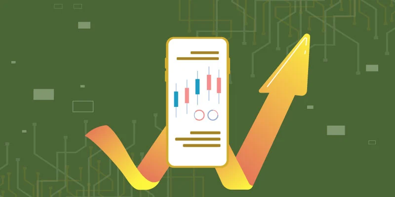 Illustration of a smartphone displaying candlestick charts, with an upward-trending arrow symbolizing successful trading on the Crypto.com Exchange.