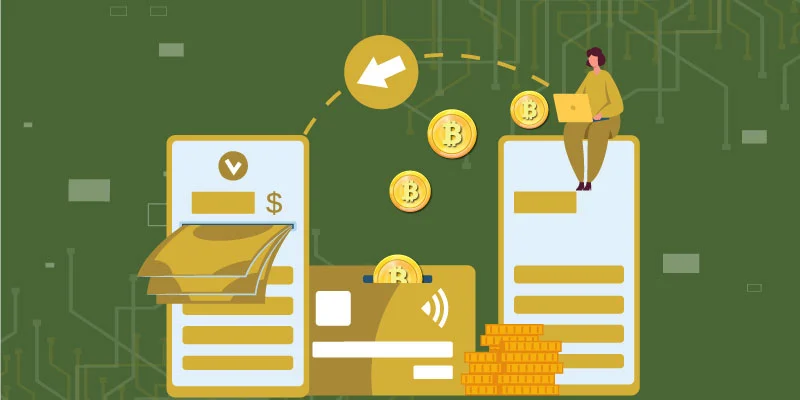 Illustration of a what is Bitcoin transaction with digital wallets, coins, and a person using a laptop.