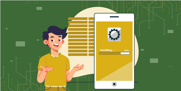 Illustration of a cheerful person standing beside a smartphone displaying an installation progress bar, symbolizing troubleshooting common Coinbase issues.