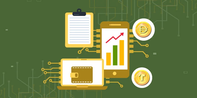 Different types of stablecoins displayed on a mobile screen with financial growth and digital wallets, symbolizing various stablecoin categories