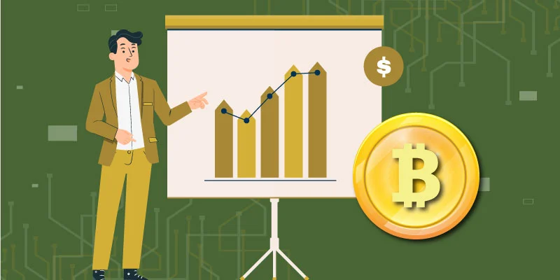 Illustration of a businessman presenting a rising bar chart with what is Bitcoin symbol, representing Bitcoin value analysis.