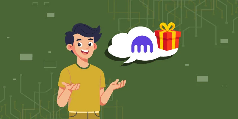 Illustration of a person with a thought bubble containing the Kraken logo and a gift box, symbolizing a sign-up bonus.