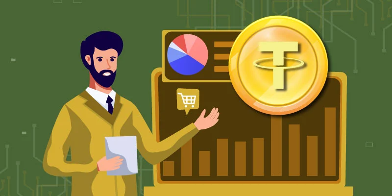 Businessman presenting stablecoin (Tether USDT) use cases with financial charts and shopping icon, symbolizing real-world applications