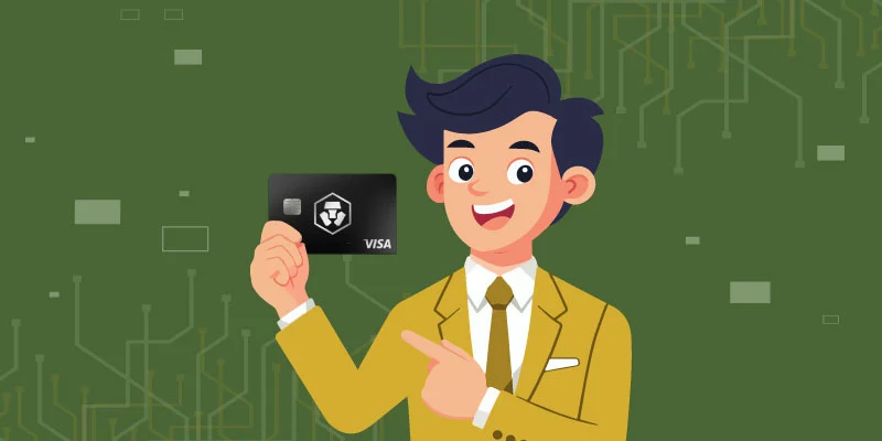 Illustration of a happy user in a suit holding and pointing to a Crypto.com Visa card, symbolizing its use for crypto transactions and spending.