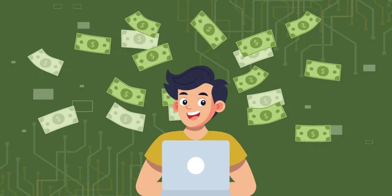 Illustration of a happy user using a laptop, surrounded by floating dollar bills, symbolizing earning passive income through Crypto Earn on the CRO Exchange.