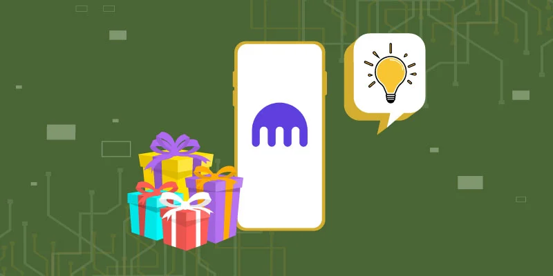 A smartphone displaying the Kraken logo alongside gift boxes and a speech bubble with a lightbulb, symbolizing rewards and insights for using a Kraken account.