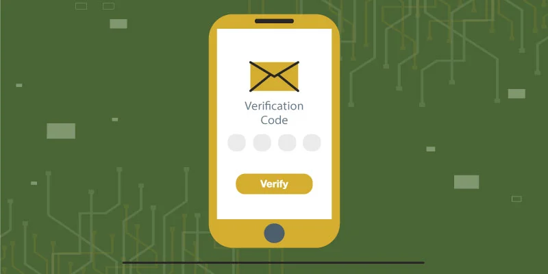 Illustration of a smartphone displaying a verification code entry screen with an email icon above it, symbolizing the email verification step for Coinbase registration.
