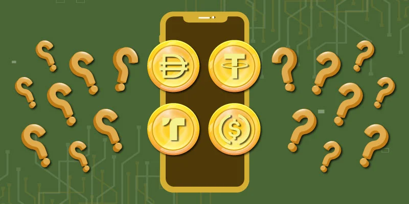 Laptop screen displaying stablecoins like DAI, Tether (USDT), TrueUSD (TUSD), and USD Coin (USDC), symbolizing how stablecoins work