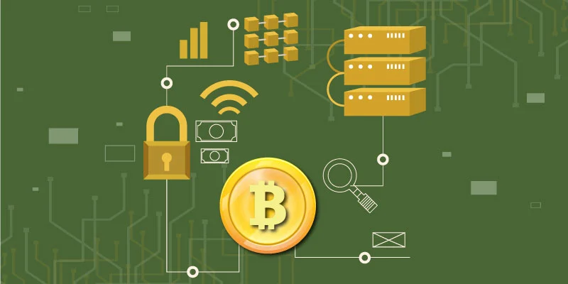 Bitcoin surrounded by digital connections, security icons, and servers, symbolizing the concept of cryptocurrency for beginners
