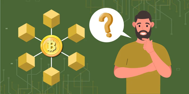 Man thinking with question mark next to a Bitcoin network, symbolizing curiosity about centralized exchanges (CEX) CEX vs DEX