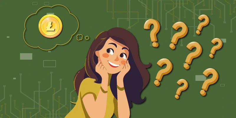 Illustration of a woman dreamily thinking about Litecoin, surrounded by question marks, representing curiosity about cryptocurrency. altcoin buy