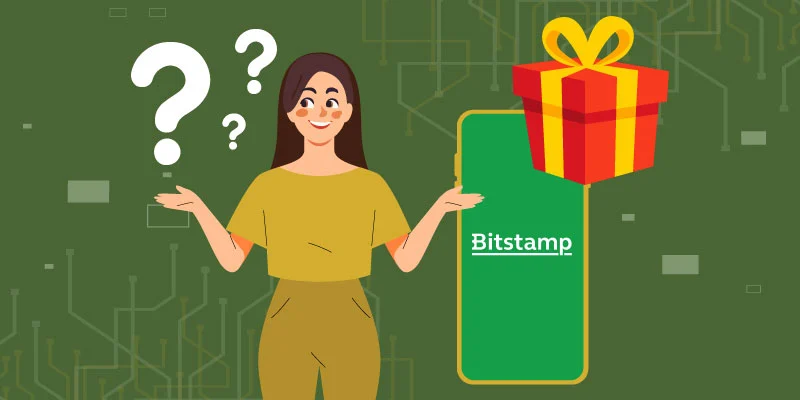 Illustration of a curious user with question marks, a smartphone displaying the Bitstamp logo, and a large gift box representing the sign-up bonus.