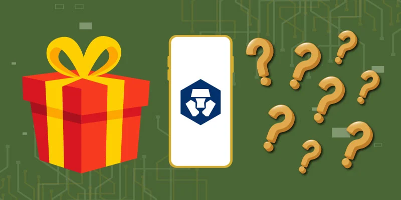 Illustration of a smartphone displaying the Crypto.com logo, alongside a gift box and question marks, symbolizing curiosity about the sign-up bonus.