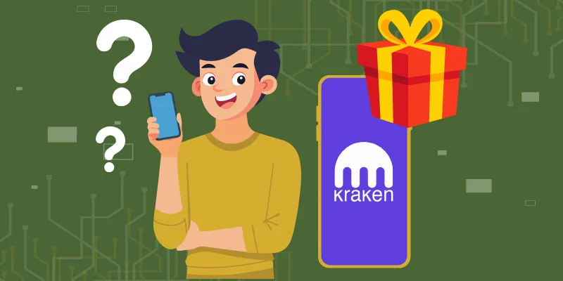 Illustration of a person holding a mobile phone with question marks, a Kraken-branded smartphone display, and a gift box symbolizing a sign-up bonus.