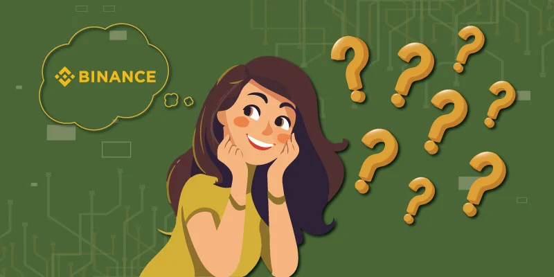 Illustration of a curious user surrounded by question marks, thinking about reasons to choose Binance as their crypto platform.