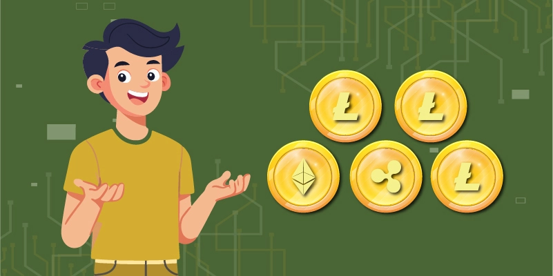 Illustration of a cheerful trader shrugging with confidence, next to a stack of gold coins representing Litecoin, Ethereum, and Ripple, symbolizing cryptocurrency trading on Bybit.