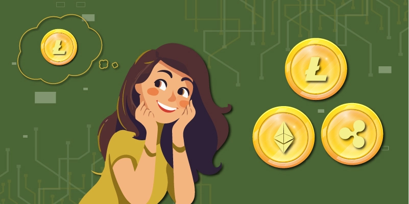 Illustration of a happy user thinking about Litecoin, with cryptocurrency coins like Ethereum and Ripple floating nearby, symbolizing reasons to choose Bybit.