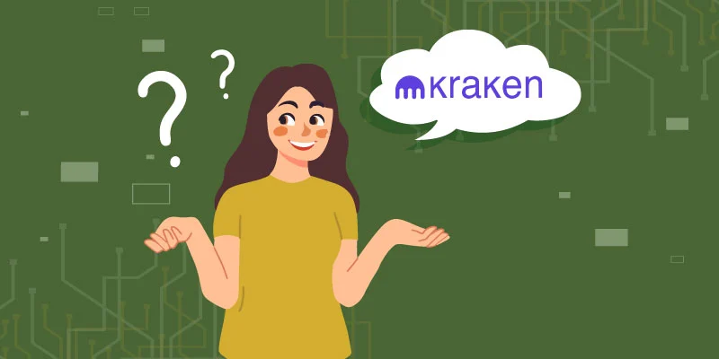 Illustration of a woman with a questioning expression and a speech bubble containing the Kraken logo, representing curiosity about choosing Kraken for cryptocurrency trading.