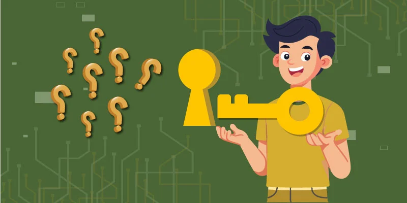Illustration of a happy person holding a large golden key, surrounded by question marks, symbolizing the importance of security when signing up on Coinbase.