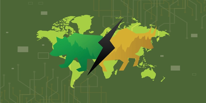 A world map split between a green bear and a yellow bull, symbolizing the global tension between bear and bull market.