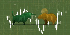Illustration of a bull and bear facing off with candlestick charts in the background, symbolizing the contrast between bear and bull market.