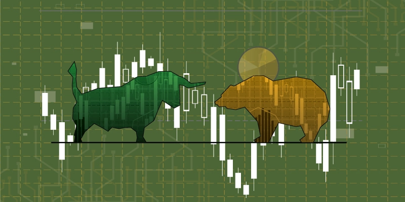 Illustration of a bull and bear facing off with candlestick charts in the background, symbolizing the contrast between bear and bull market.