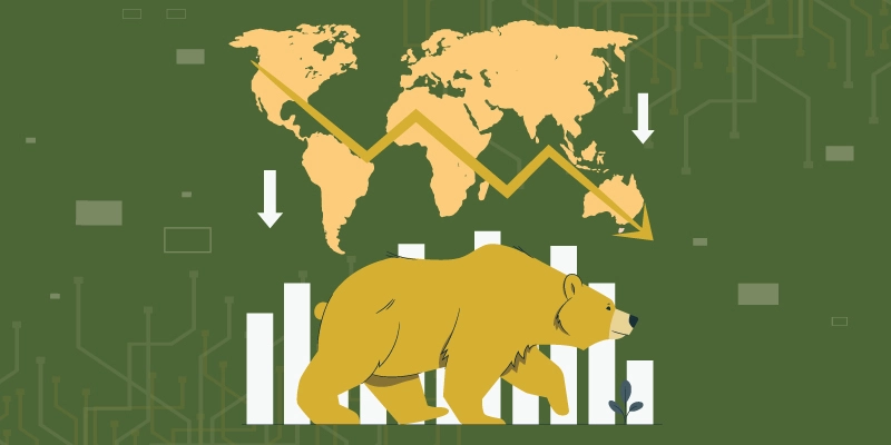 Bear walking in front of a declining chart with world map and arrows pointing downward, representing bear market indicators.