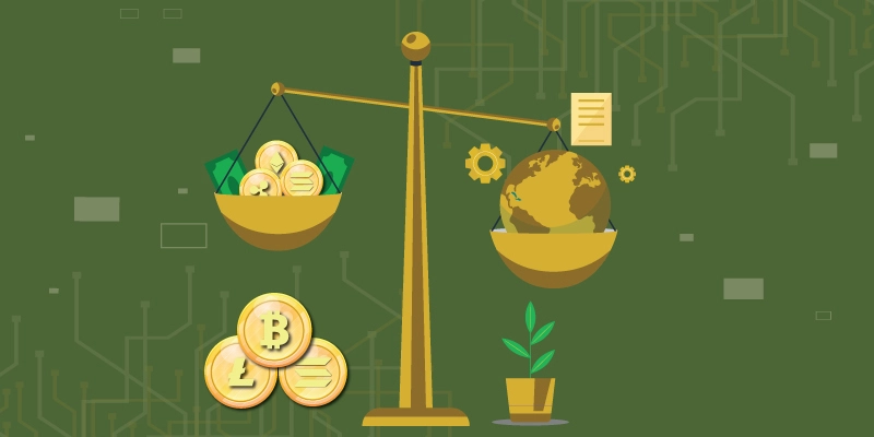 Balancing scale with money, globe, and Bitcoin, symbolizing diversification in bear market.