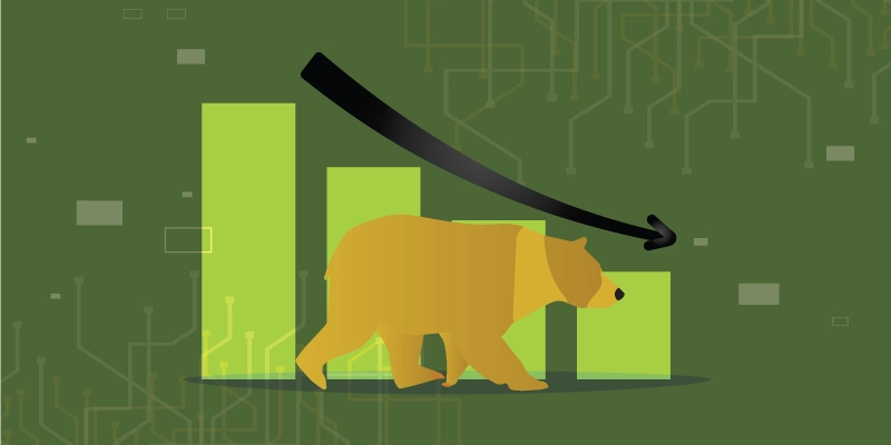 Bear walking past a declining green bar chart with a downward arrow, representing the end phase of a bear market.