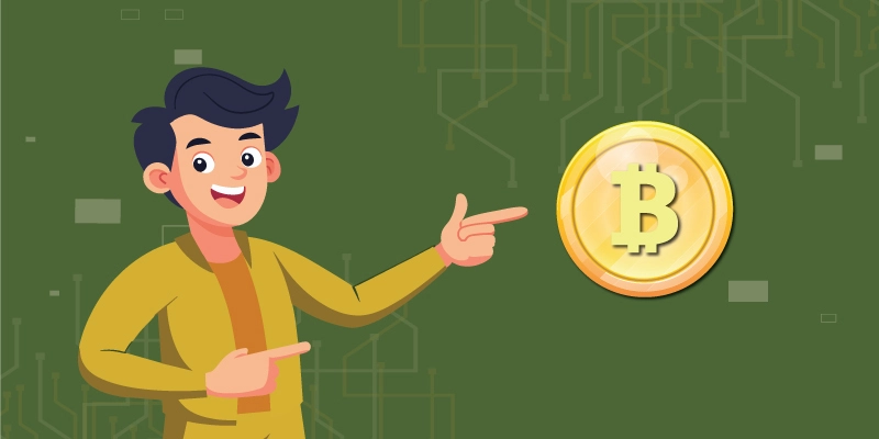 Smiling man pointing at a Bitcoin symbol, implying optimism or opportunities in a bear market.