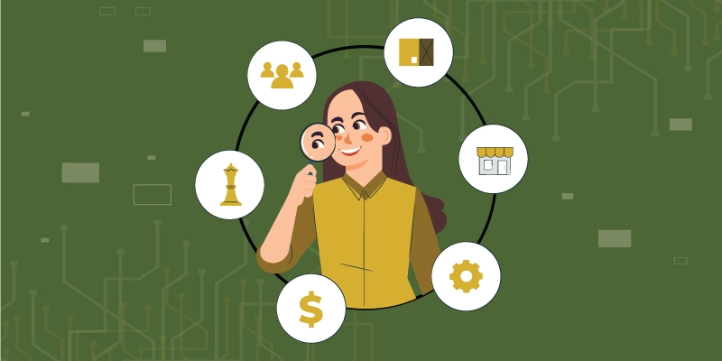 Woman analyzing financial symbols and business icons with a magnifying glass, illustrating research into bear market history.