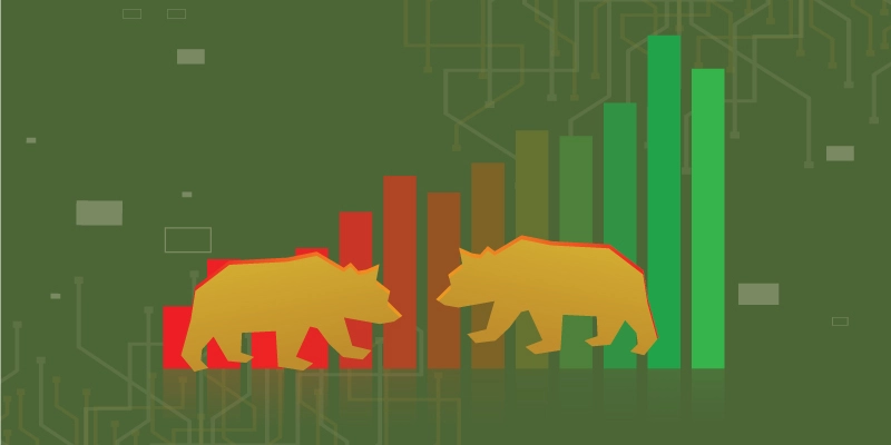 Two bears walking past a multicolored bar chart, showing the volatility and phases of a bear market.