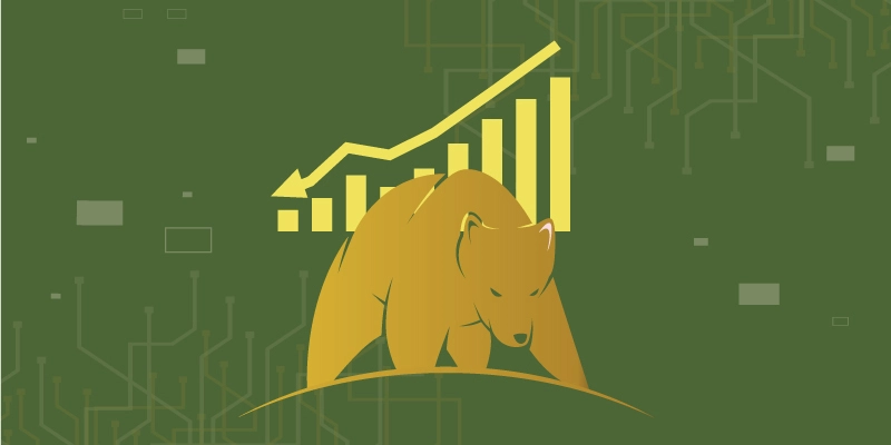 Bear positioned under a rising yellow chart, symbolizing the psychological challenge and eventual recovery during a bear market.
