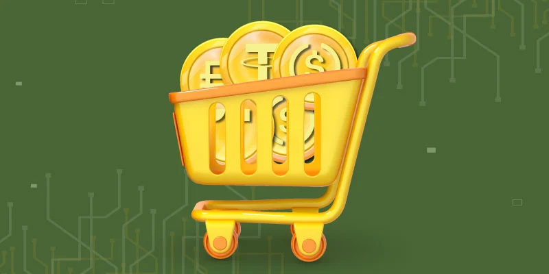 Golden shopping cart filled with digital currency icons, symbolizing what is crypto exchange and the process of placing crypto orders online.
