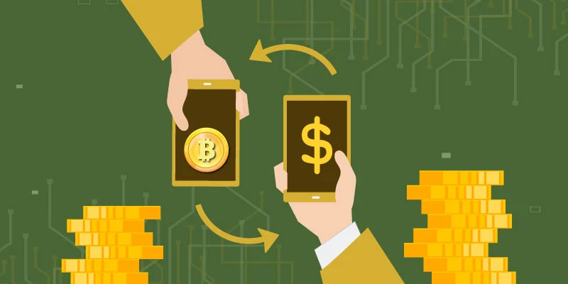 Visual of two hands exchanging cryptocurrency and fiat using mobile phones, illustrating what is crypto exchange and how digital asset trading works.